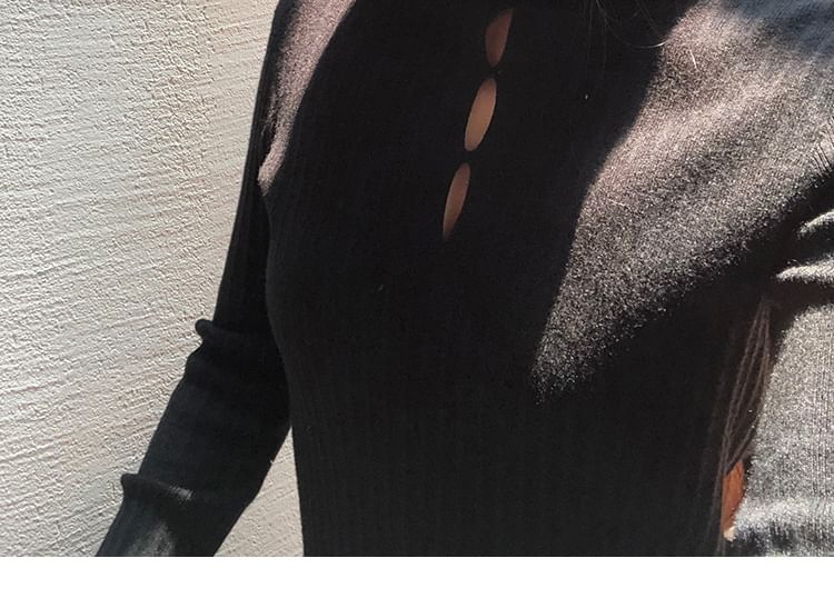 Mock Neck Cutout Slit Knit Long-Sleeve Top