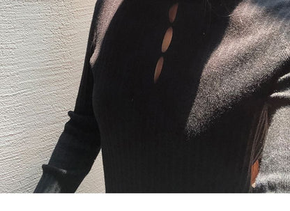 Mock Neck Cutout Slit Knit Long-Sleeve Top
