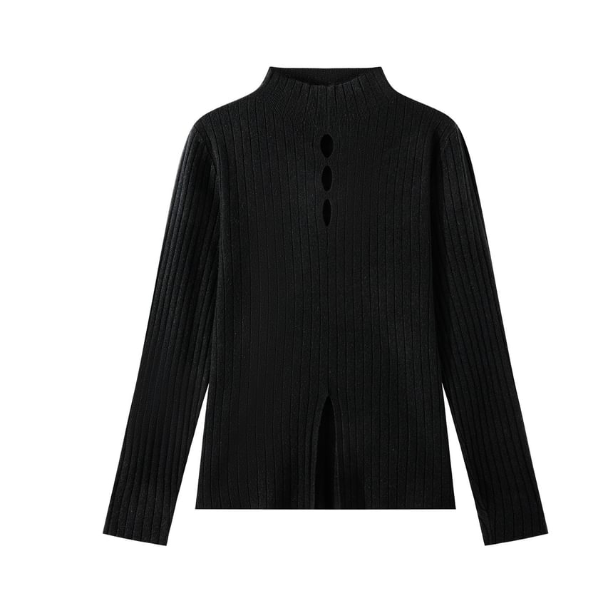 Mock Neck Cutout Slit Knit Long-Sleeve Top
