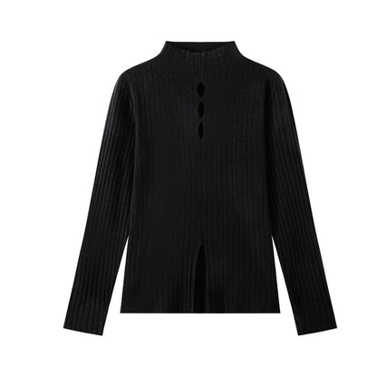 Mock Neck Cutout Slit Knit Long-Sleeve Top