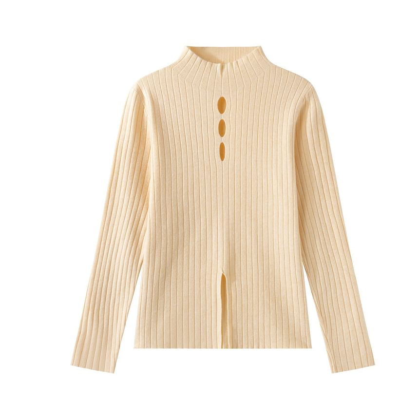 Mock Neck Cutout Slit Knit Long-Sleeve Top