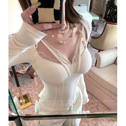 Lace-Panel Cutout V-Neck Fitted Cropped Long-Sleeve Tee