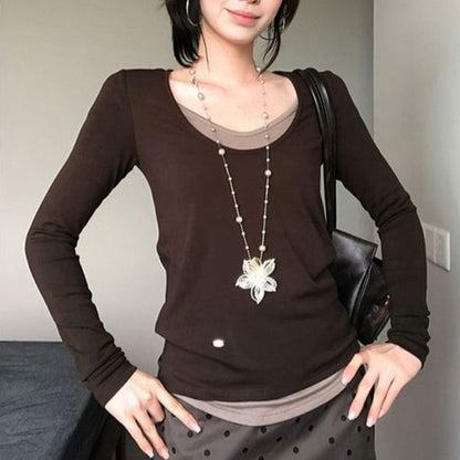 Two-Tone Faux Two-Piece V-Neck Fitted Long-Sleeve T-Shirt