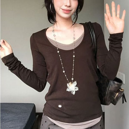 Two-Tone Faux Two-Piece V-Neck Fitted Long-Sleeve T-Shirt