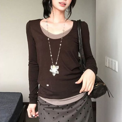 Two-Tone Faux Two-Piece V-Neck Fitted Long-Sleeve T-Shirt