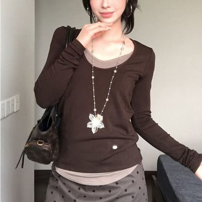 Two-Tone Faux Two-Piece V-Neck Fitted Long-Sleeve T-Shirt