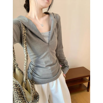 Two-Tone Ruched Half-Zip Hoodie Mock Two-Piece Style