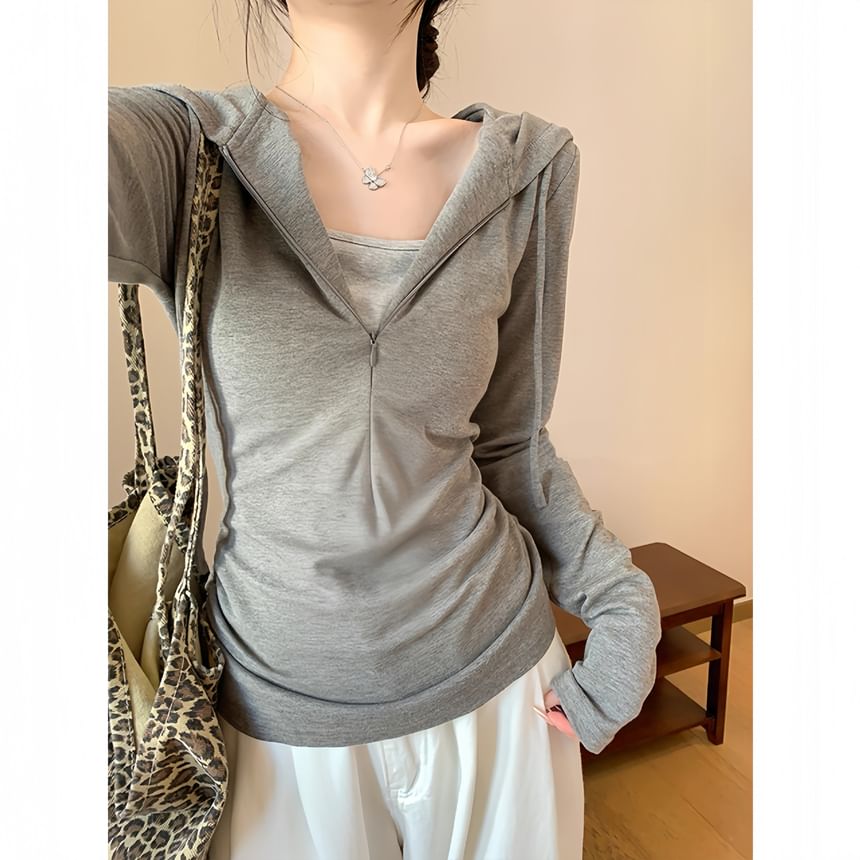 Two-Tone Ruched Half-Zip Hoodie Mock Two-Piece Style