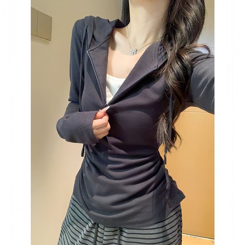 Two-Tone Ruched Half-Zip Hoodie Mock Two-Piece Style