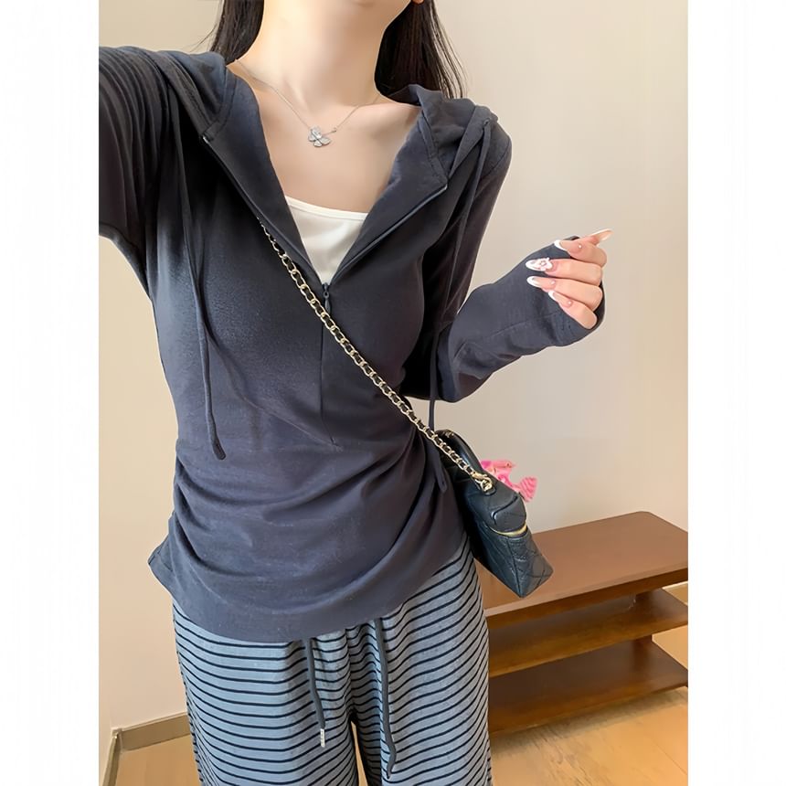 Two-Tone Ruched Half-Zip Hoodie Mock Two-Piece Style