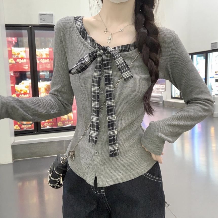 Plaid Button-Front V-Neck Long-Sleeve Faux Two-Piece Blouse