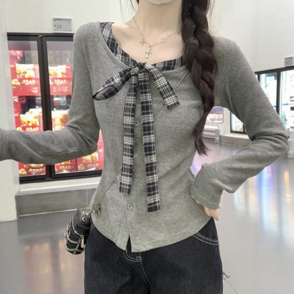 Plaid Button-Front V-Neck Long-Sleeve Faux Two-Piece Blouse