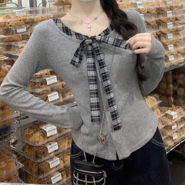 Plaid Button-Front V-Neck Long-Sleeve Faux Two-Piece Blouse