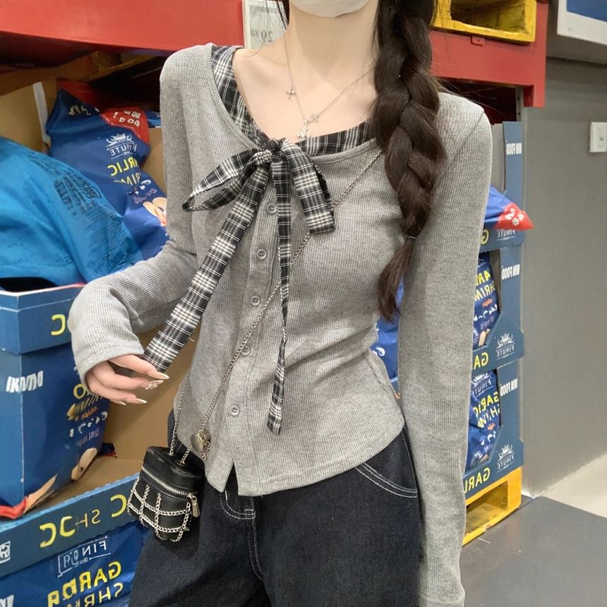 Plaid Button-Front V-Neck Long-Sleeve Faux Two-Piece Blouse