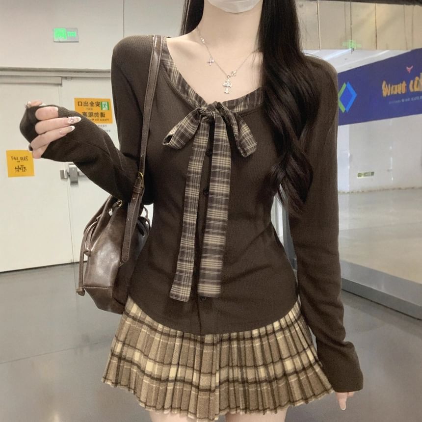 Plaid Button-Front V-Neck Long-Sleeve Faux Two-Piece Blouse