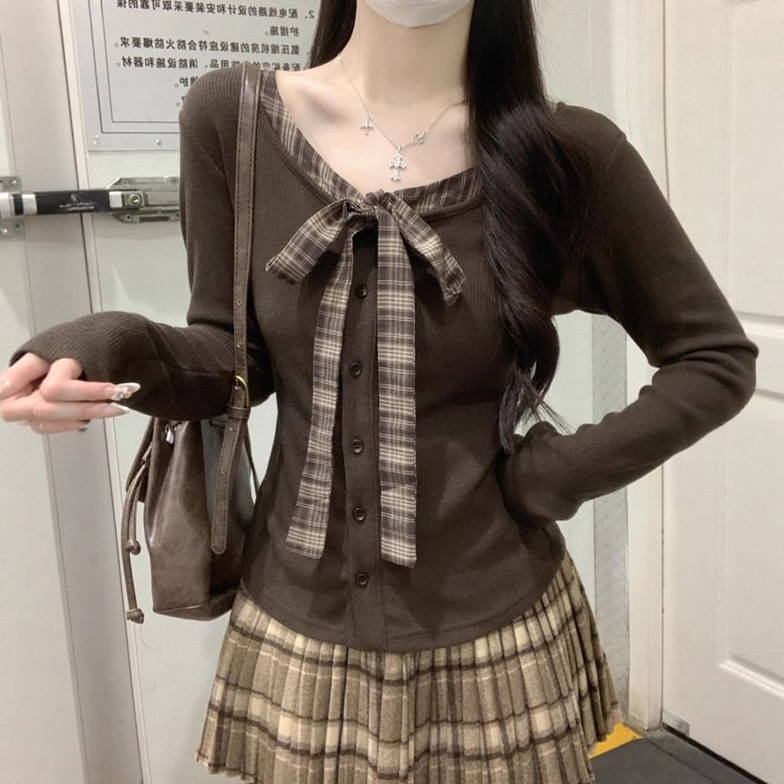 Plaid Button-Front V-Neck Long-Sleeve Faux Two-Piece Blouse