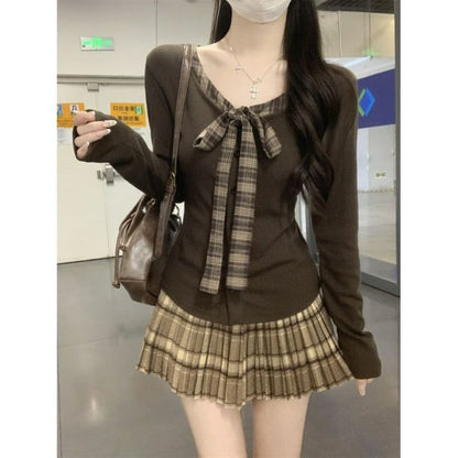 Plaid Button-Front V-Neck Long-Sleeve Faux Two-Piece Blouse