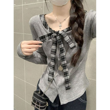 Plaid Button-Front V-Neck Long-Sleeve Faux Two-Piece Blouse