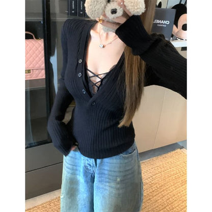 Solid V-Neck Slim-Fit Long-Sleeve Knit Pullover