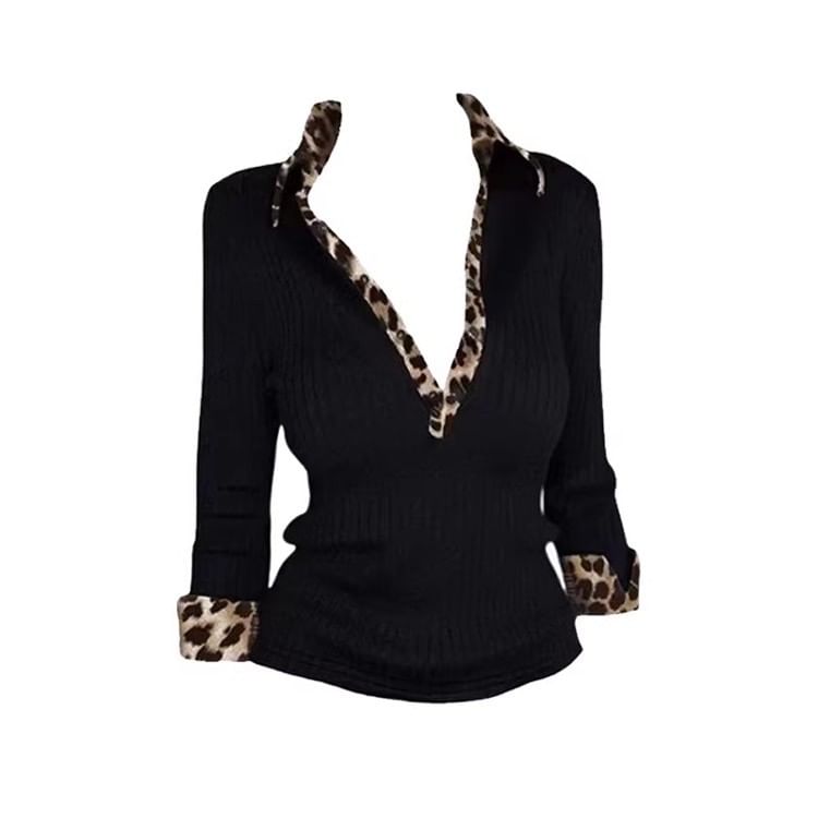Leopard-Print Panel Collared Fitted Cropped Long-Sleeve Tee