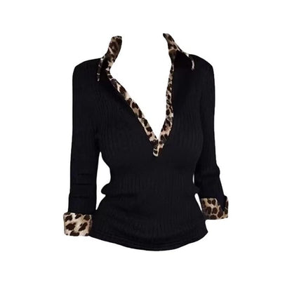 Leopard-Print Panel Collared Fitted Cropped Long-Sleeve Tee