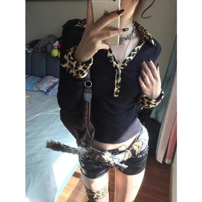 Leopard-Print Panel Collared Fitted Cropped Long-Sleeve Tee