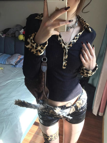 Leopard-Print Panel Collared Fitted Cropped Long-Sleeve Tee