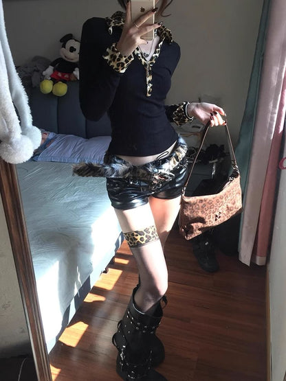 Leopard-Print Panel Collared Fitted Cropped Long-Sleeve Tee