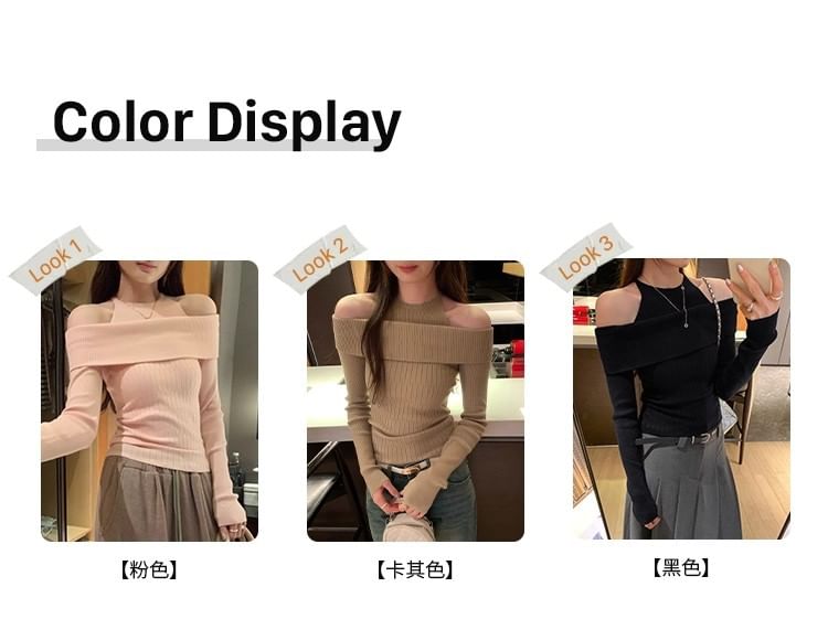 Halter Neck Cold Shoulder Crop Knit Long-Sleeve Top