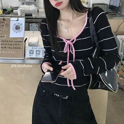 Striped Contrast-Trim Scoop-Neck Cropped Long-Sleeve Tee