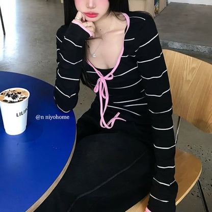 Striped Contrast-Trim Scoop-Neck Cropped Long-Sleeve Tee