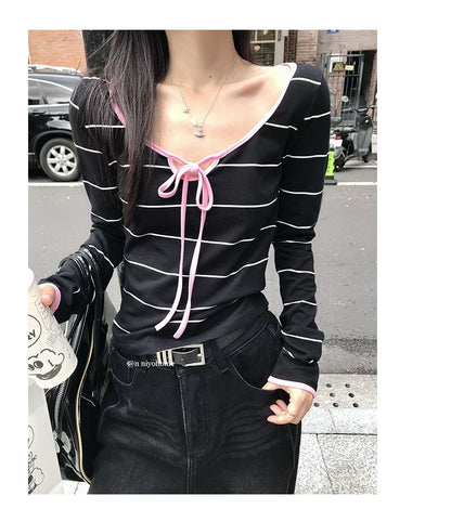 Striped Contrast-Trim Scoop-Neck Cropped Long-Sleeve Tee
