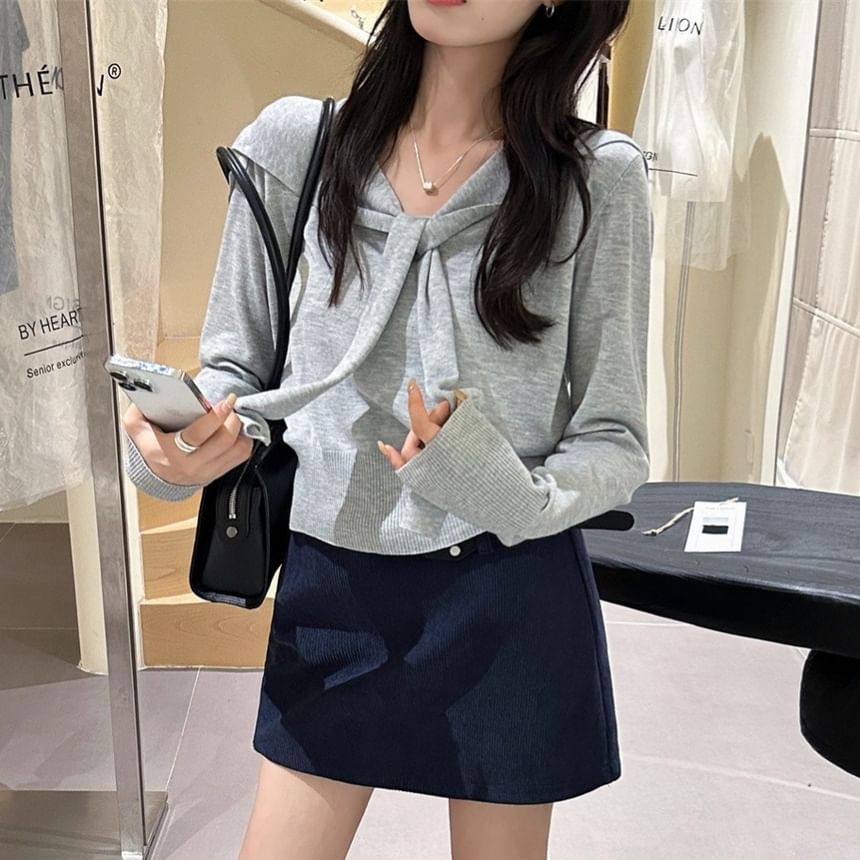 Sailor-Collar Tie-Front Cropped Knit Long-Sleeve Sweater