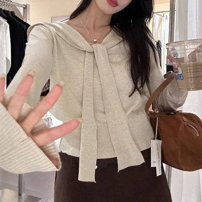 Sailor-Collar Tie-Front Cropped Knit Long-Sleeve Sweater