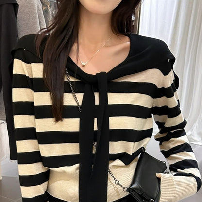 Sailor-Collar Tie-Front Cropped Knit Long-Sleeve Sweater