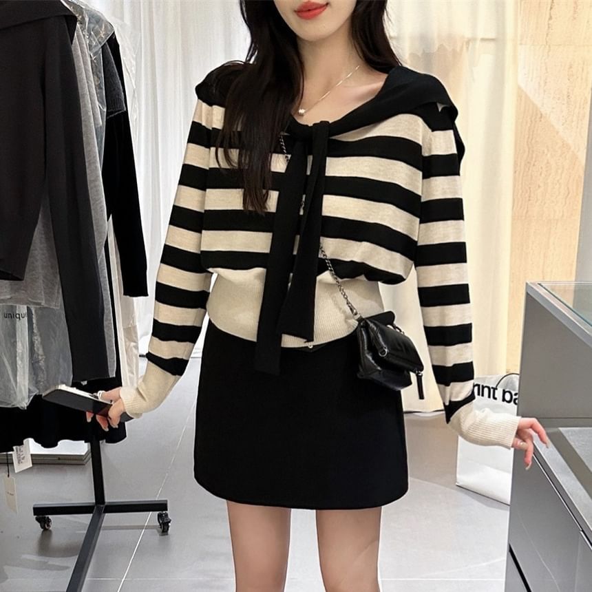 Sailor-Collar Tie-Front Cropped Knit Long-Sleeve Sweater