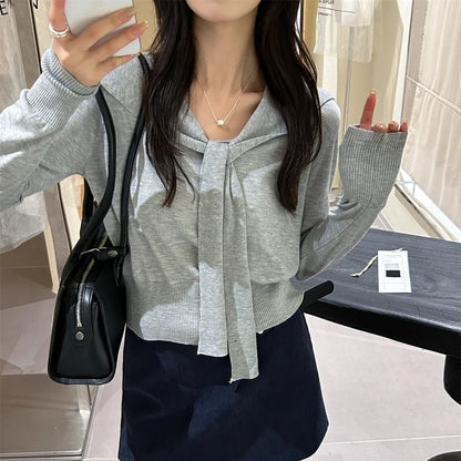 Sailor-Collar Tie-Front Cropped Knit Long-Sleeve Sweater