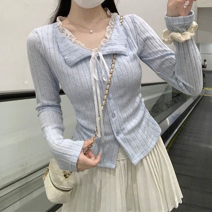 Split Neck Lace Panel Button-Up Slim Crop Top