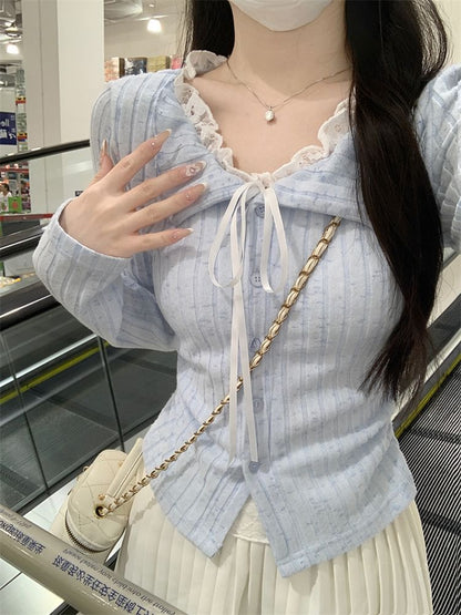 Split Neck Lace Panel Button-Up Slim Crop Top