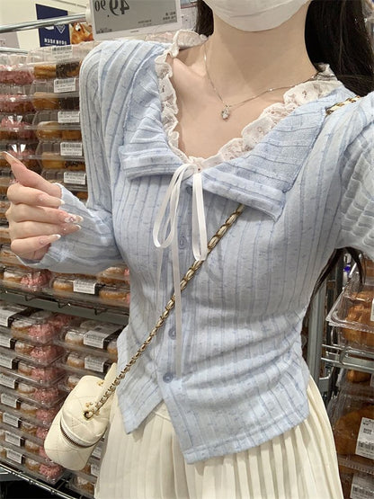 Split Neck Lace Panel Button-Up Slim Crop Top
