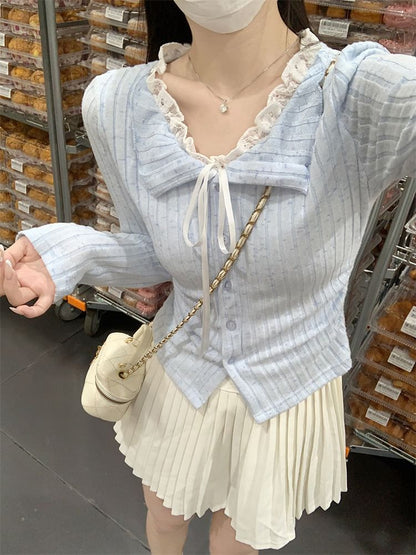 Split Neck Lace Panel Button-Up Slim Crop Top