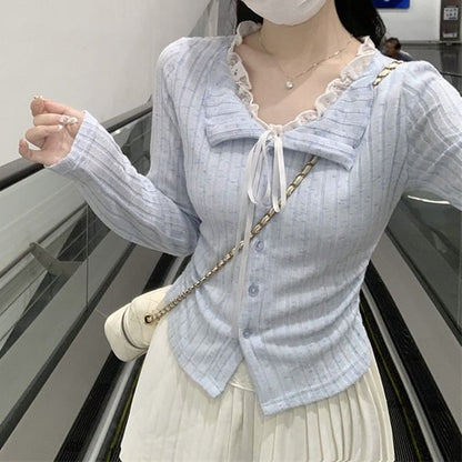 Split Neck Lace Panel Button-Up Slim Crop Top