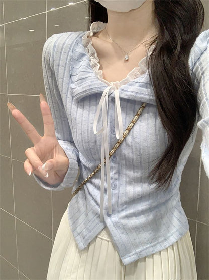 Split Neck Lace Panel Button-Up Slim Crop Top