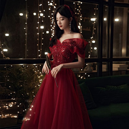 Short Sleeve Off Shoulder Beaded Embroidered Mesh Midi A-Line Cocktail Dress / Evening Dress