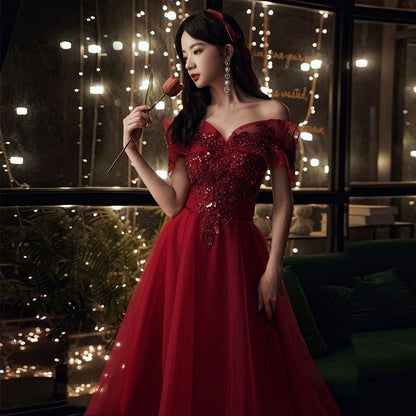 Short Sleeve Off Shoulder Beaded Embroidered Mesh Midi A-Line Cocktail Dress / Evening Dress