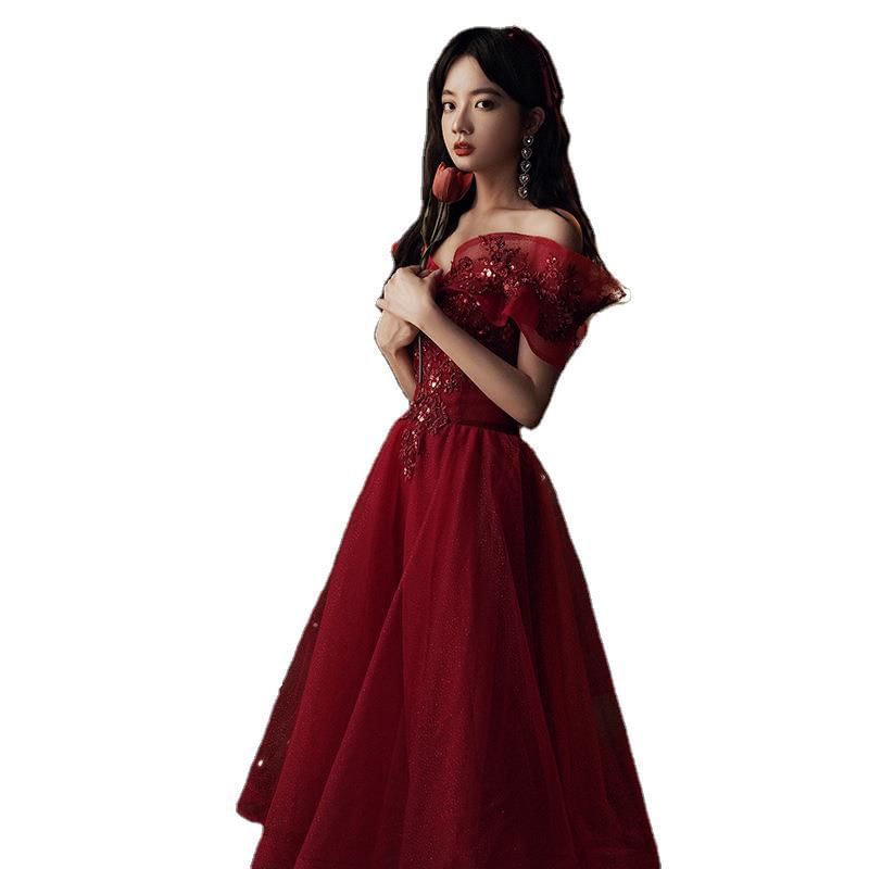 Short Sleeve Off Shoulder Beaded Embroidered Mesh Midi A-Line Cocktail Dress / Evening Dress
