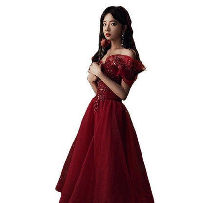 Short Sleeve Off Shoulder Beaded Embroidered Mesh Midi A-Line Cocktail Dress / Evening Dress