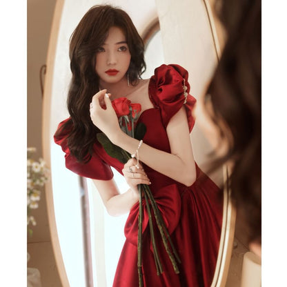 Short Puff Sleeve Sweetheart Neck Plain Bow Beaded Satin A-Line Evening Dress