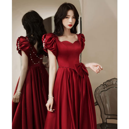 Short Puff Sleeve Sweetheart Neck Plain Bow Beaded Satin A-Line Evening Dress