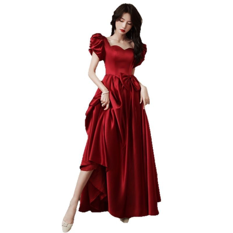 Short Puff Sleeve Sweetheart Neck Plain Bow Beaded Satin A-Line Evening Dress